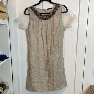Lungo LArno Taupe Beige Dress with Beaded Neckline Linen CottonMedium